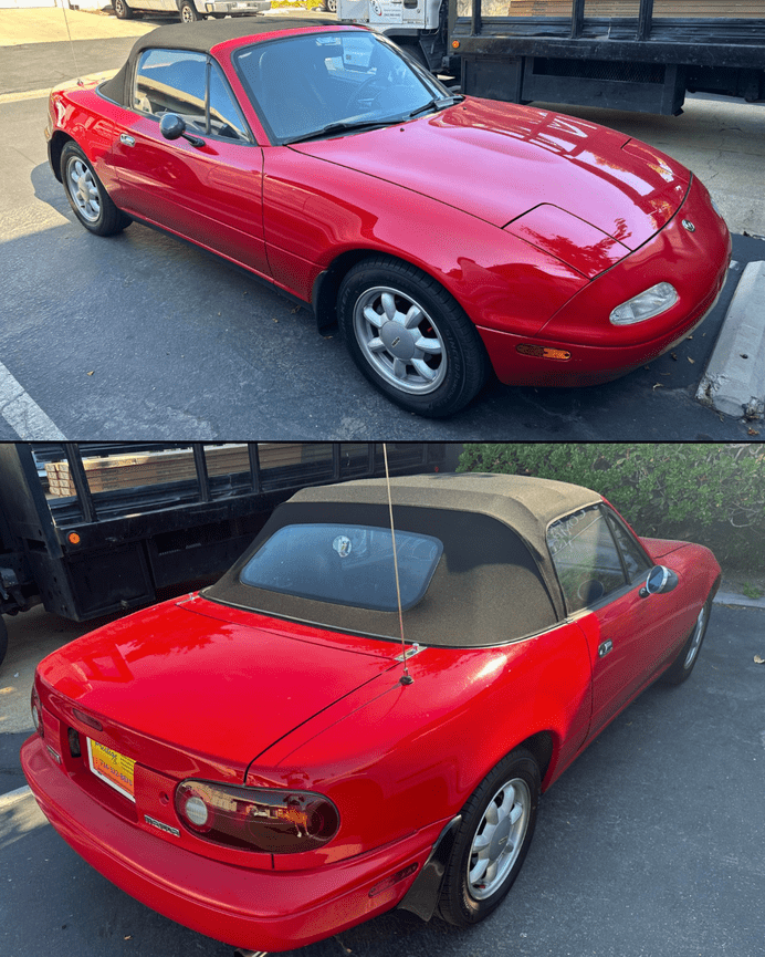 After photos showing seamless Robbins black convertible top with Infinity® Integrated Window System on 1990 Mazda Miata in Anaheim